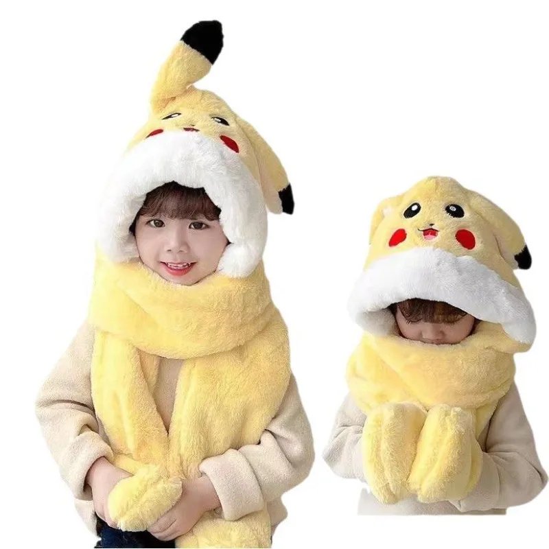 Kawaii Trendy Pokémon Pikachu Hat Three-piece Set with Movable Ears, Winter Warm Supplies, Plush Hooded Scarf, Exquisite Gift