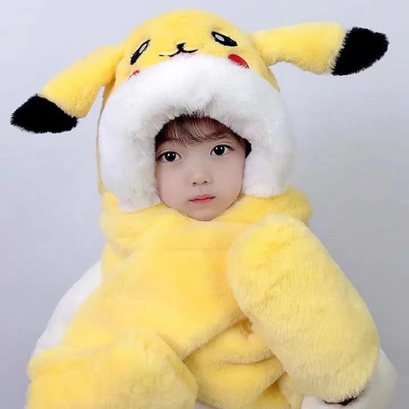 Kawaii Trendy Pokémon Pikachu Hat Three-piece Set with Movable Ears, Winter Warm Supplies, Plush Hooded Scarf, Exquisite Gift
