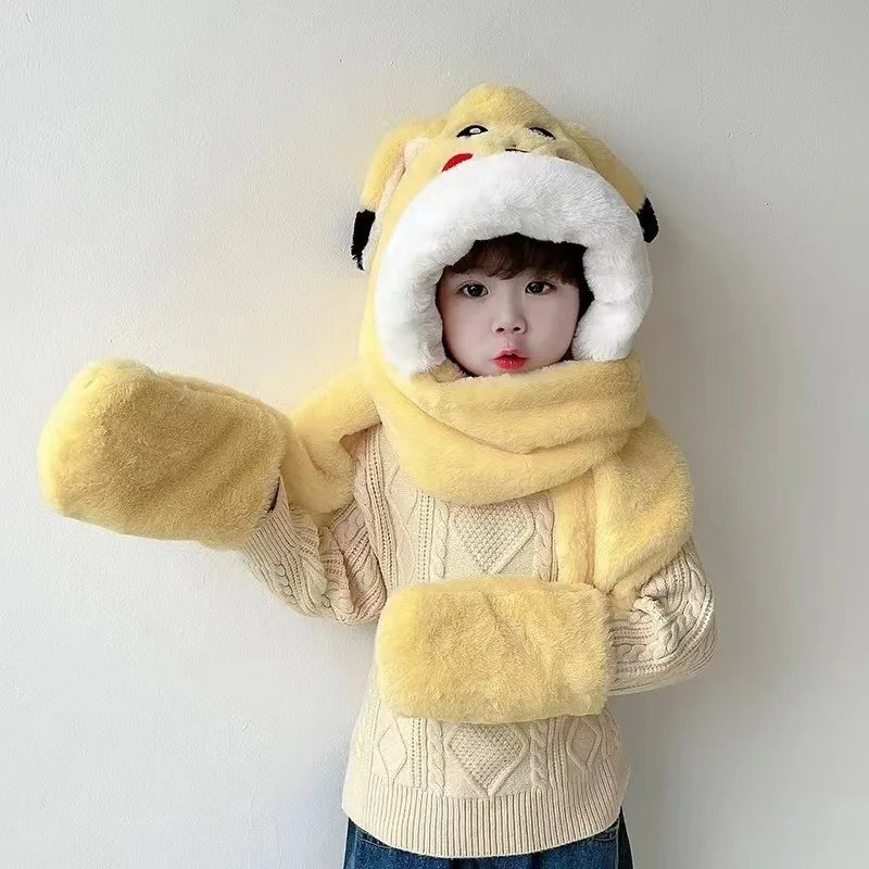 Kawaii Trendy Pokémon Pikachu Hat Three-piece Set with Movable Ears, Winter Warm Supplies, Plush Hooded Scarf, Exquisite Gift