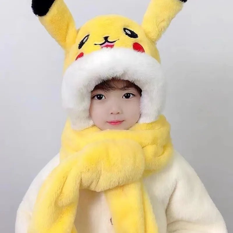 Kawaii Trendy Pokémon Pikachu Hat Three-piece Set with Movable Ears, Winter Warm Supplies, Plush Hooded Scarf, Exquisite Gift