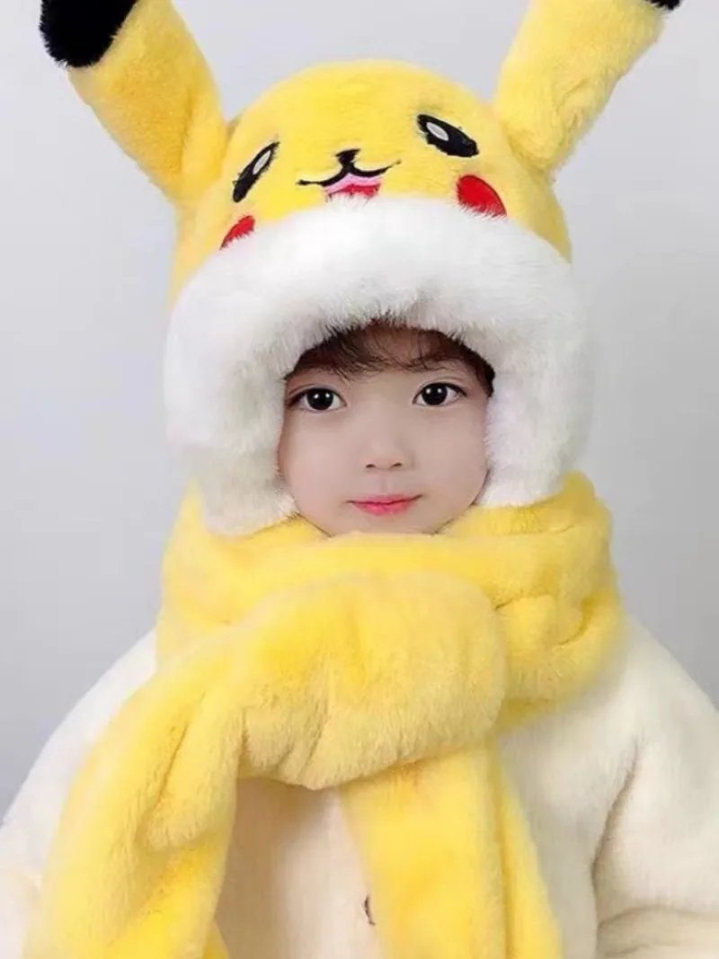 Kawaii Trendy Pokémon Pikachu Hat Three-piece Set with Movable Ears, Winter Warm Supplies, Plush Hooded Scarf, Exquisite Gift