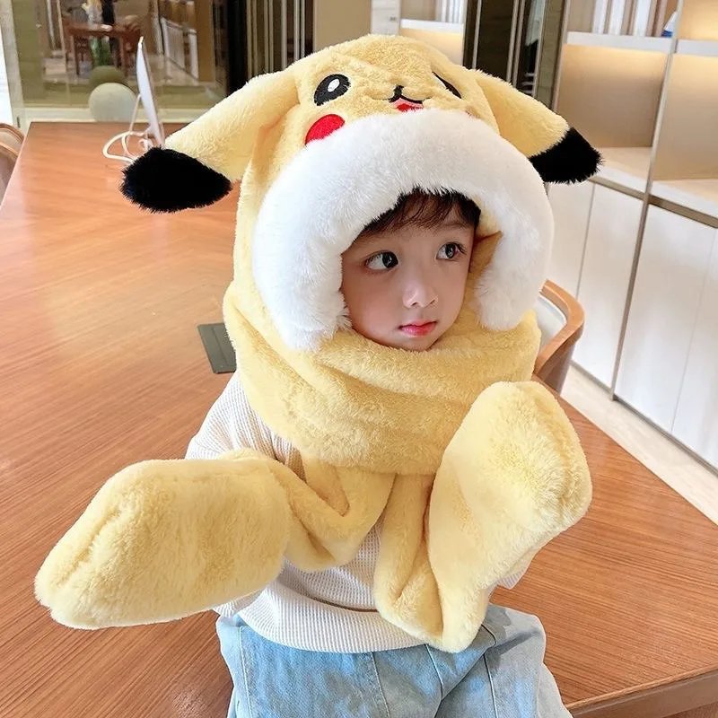 Kawaii Trendy Pokémon Pikachu Hat Three-piece Set with Movable Ears, Winter Warm Supplies, Plush Hooded Scarf, Exquisite Gift