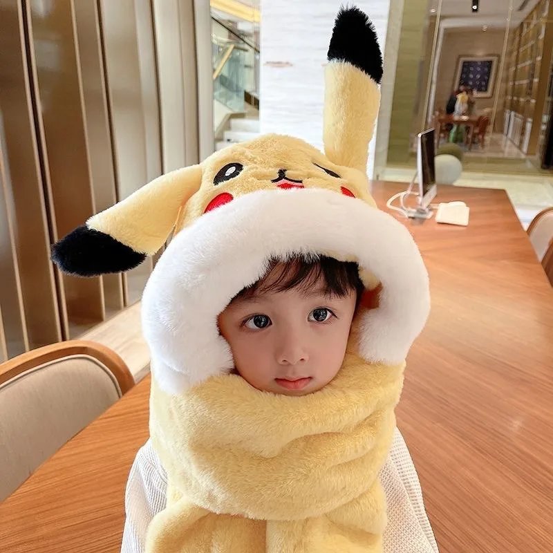 Kawaii Trendy Pokémon Pikachu Hat Three-piece Set with Movable Ears, Winter Warm Supplies, Plush Hooded Scarf, Exquisite Gift