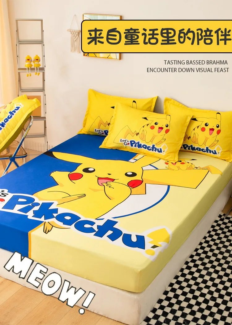 Pokemons Pikachus Bed Mattress Cover Kawaii Cartoon Hello Kitty Bed Linen Cover Fitted Sheet For Kids Adult Single Queen Size