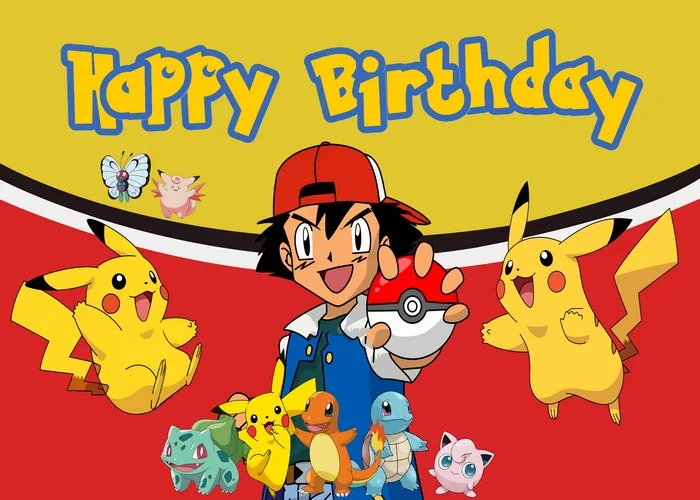 Brightly designed party backdrop featuring Pikachu and friends