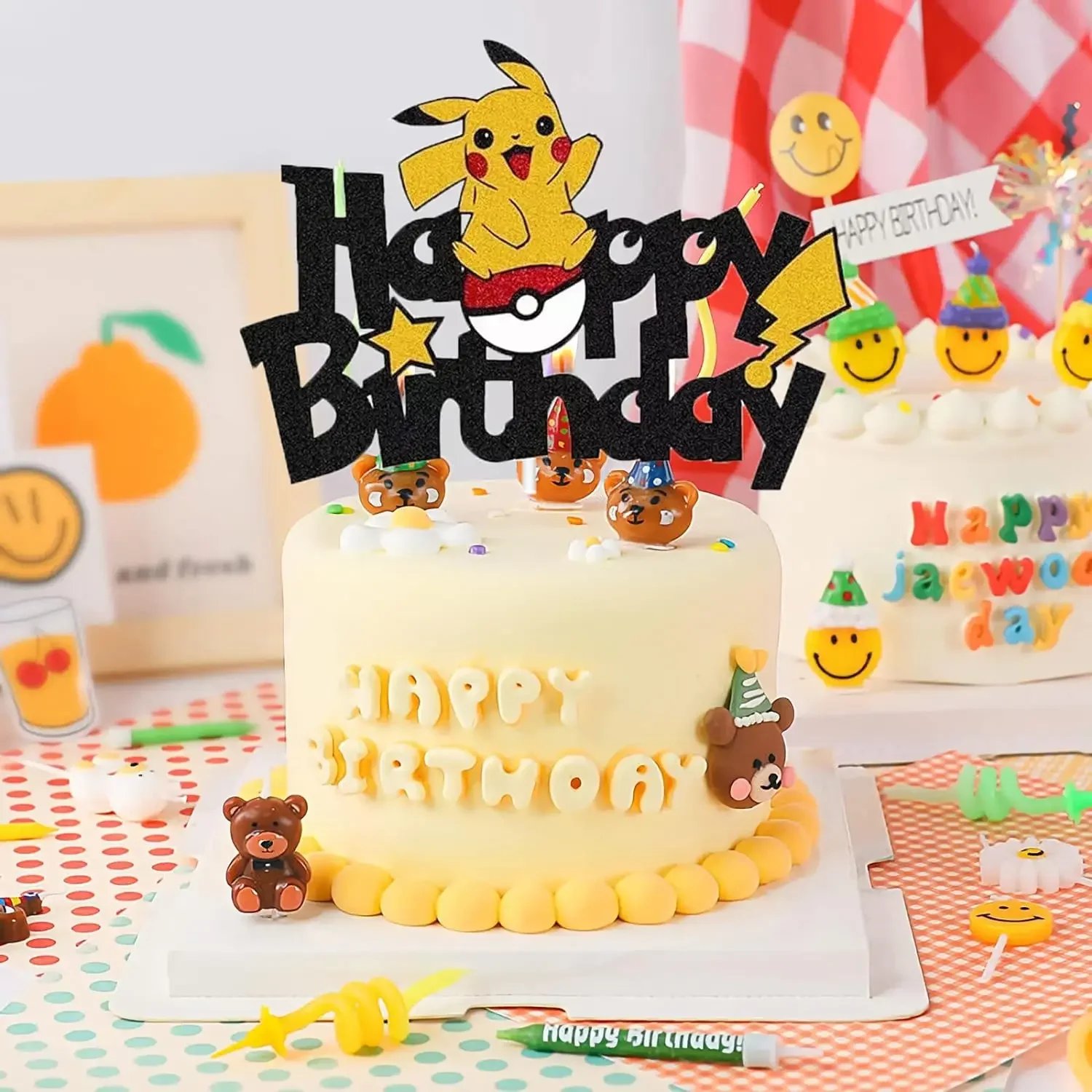 Colorful cake topper featuring Pokémon theme